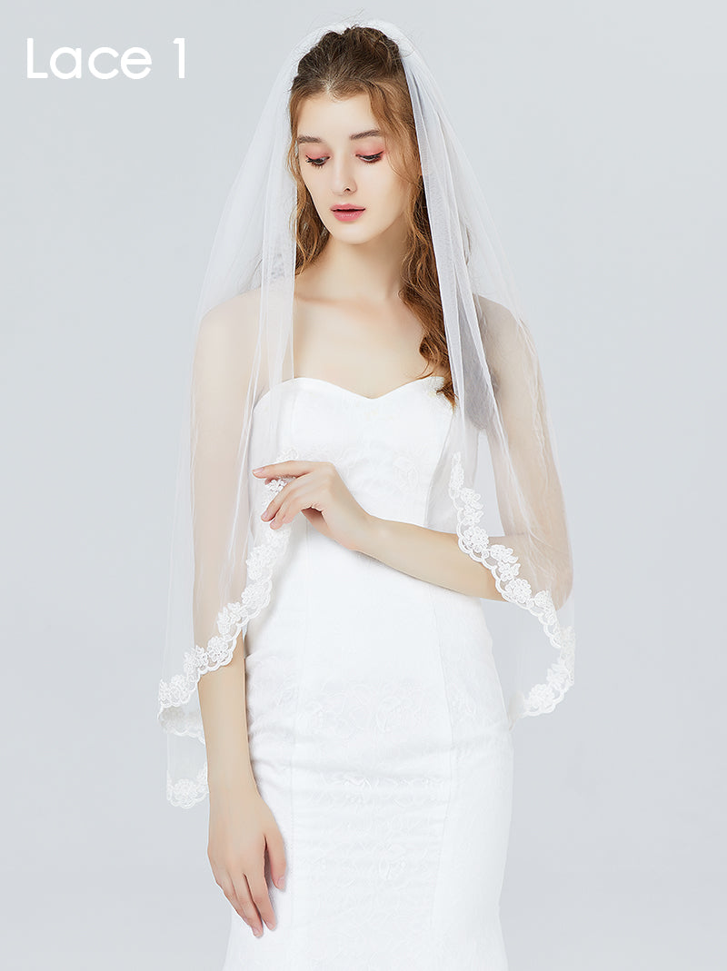 Wedding Bridal Veil with Comb 1 Tier Lace Applique Edge Fingertip Length 41"-V84