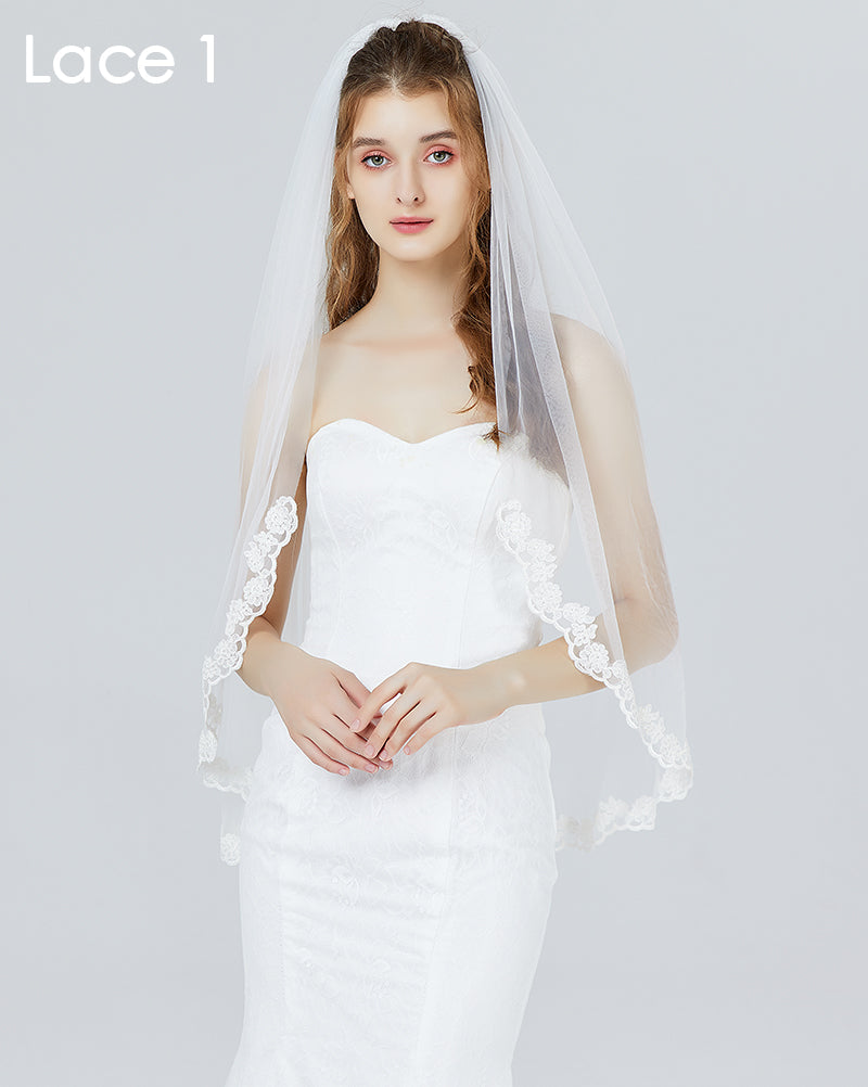 Wedding Bridal Veil with Comb 1 Tier Lace Applique Edge Fingertip Length 41"-V84