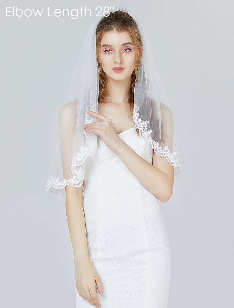 Wedding Bridal Veil with Comb 1 Tier Lace Applique Edge Fingertip Length 36"-V71