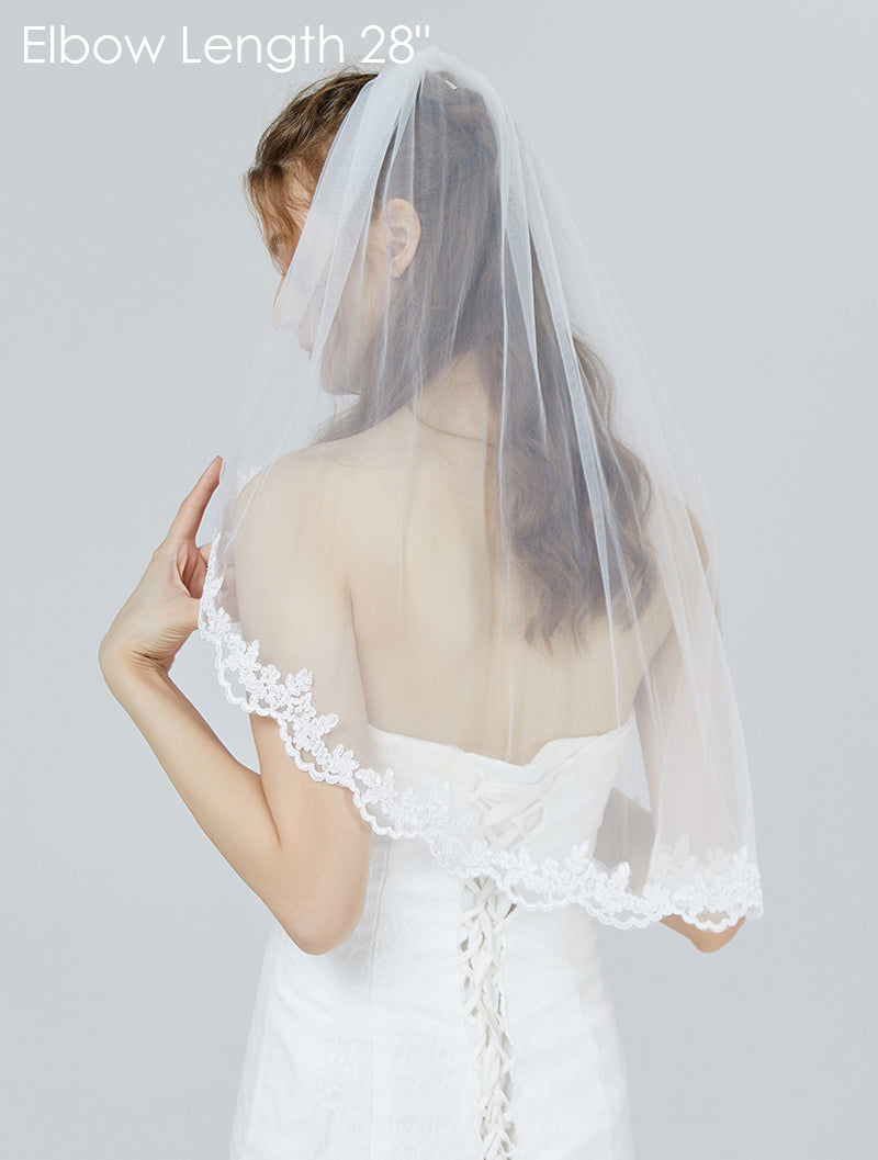 Wedding Bridal Veil with Comb 1 Tier Lace Applique Edge Fingertip Length 36"-V71