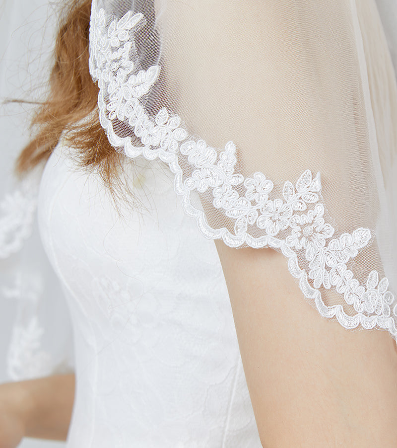 Wedding Bridal Veil with Comb 1 Tier Lace Applique Edge Fingertip Length 36"-V71