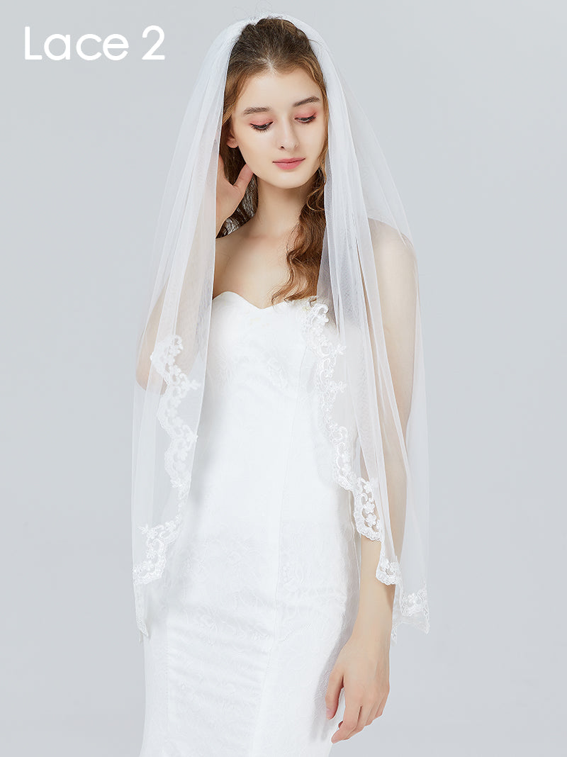 Wedding Bridal Veil with Comb 1 Tier Lace Applique Edge Fingertip Length 41"-V84