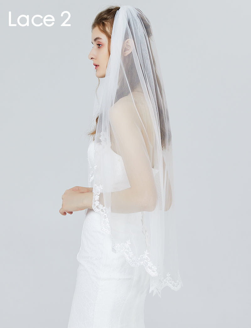 Wedding Bridal Veil with Comb 1 Tier Lace Applique Edge Fingertip Length 41"-V84