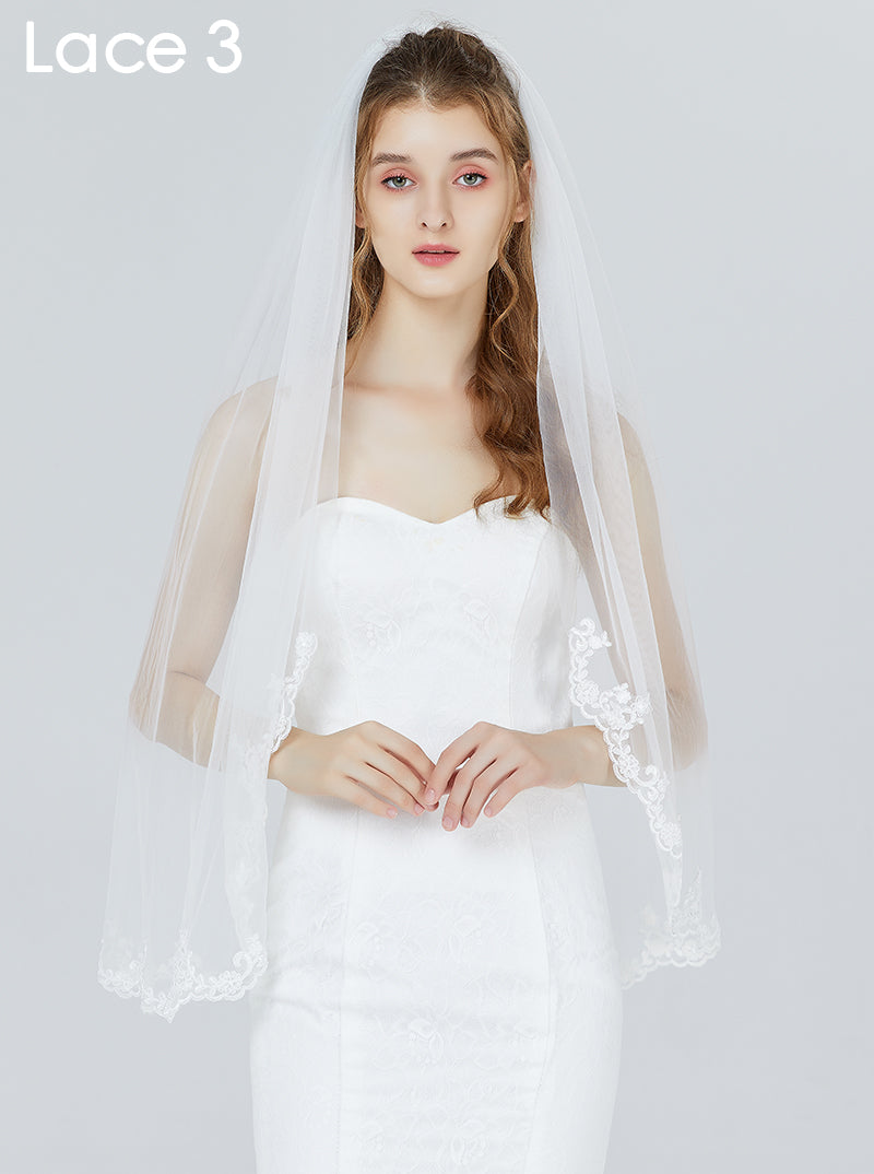 Wedding Bridal Veil with Comb 1 Tier Lace Applique Edge Fingertip Length 41"-V84