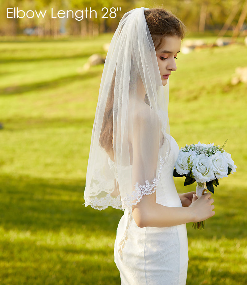 Wedding Bridal Veil with Comb 1 Tier Lace Applique Edge Fingertip Length 36"-V71