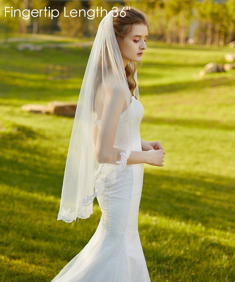Wedding Bridal Veil with Comb 1 Tier Lace Applique Edge Fingertip Length 36"-V71