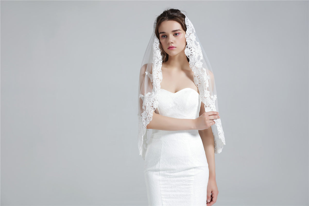 Velo da sposa con pettine 1 strato bordo in pizzo applicato lunghezza fino alle dita 36"-V65-Fatto su misura