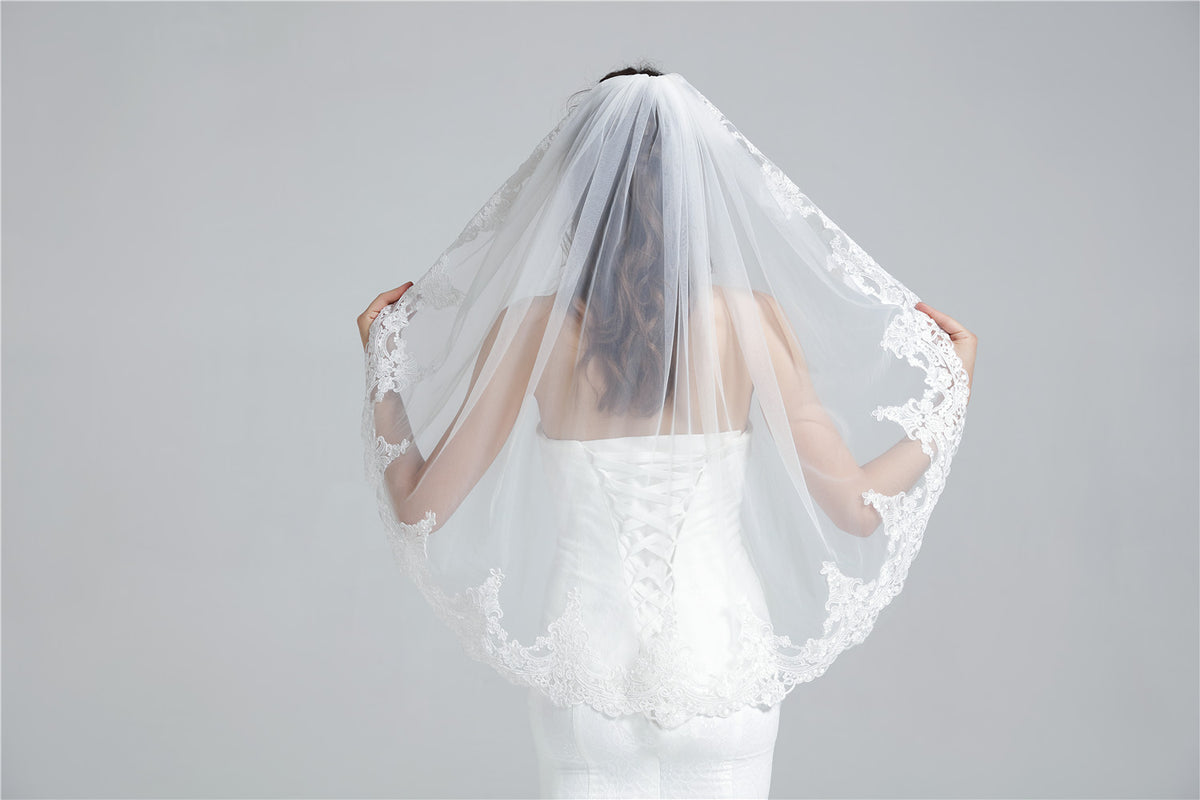 Velo da sposa con pettine 1 strato bordo in pizzo applicato lunghezza fino alle dita 36"-V65-Fatto su misura