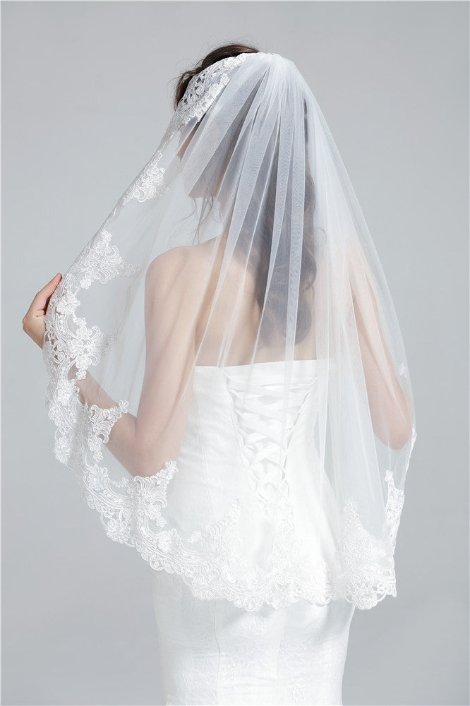 Velo da sposa con pettine 1 strato bordo in pizzo applicato lunghezza fino alle dita 36"-V65-Fatto su misura