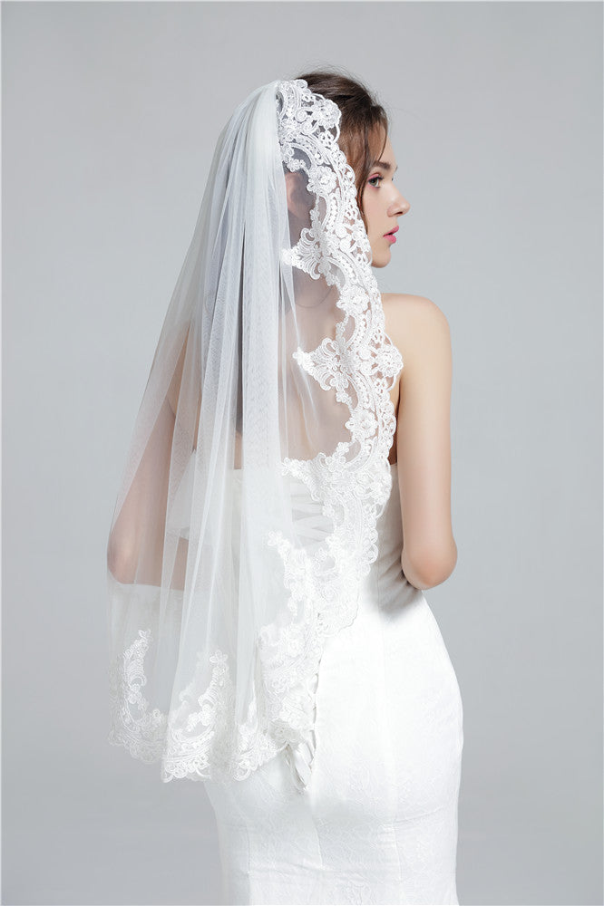 Velo da sposa con pettine 1 strato bordo in pizzo applicato lunghezza fino alle dita 36"-V65-Fatto su misura