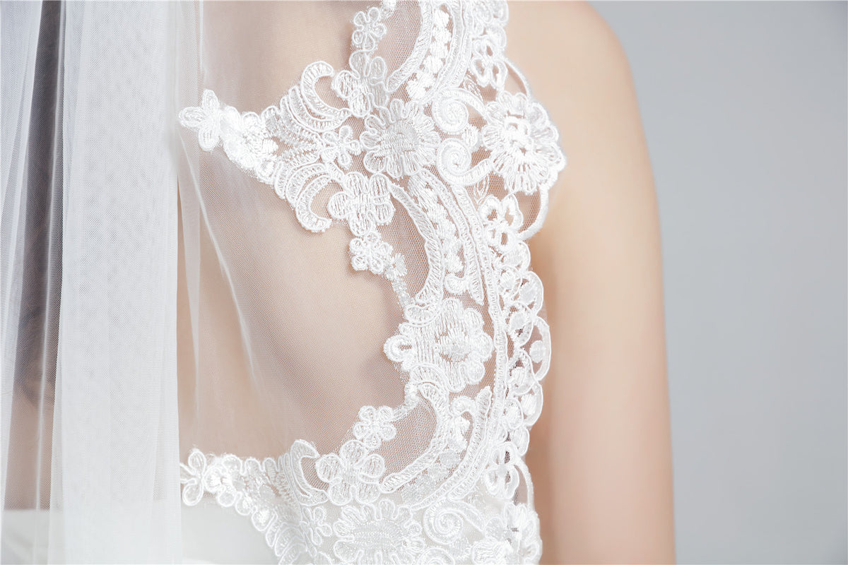 Velo da sposa con pettine 1 strato bordo in pizzo applicato lunghezza fino alle dita 36"-V65-Fatto su misura