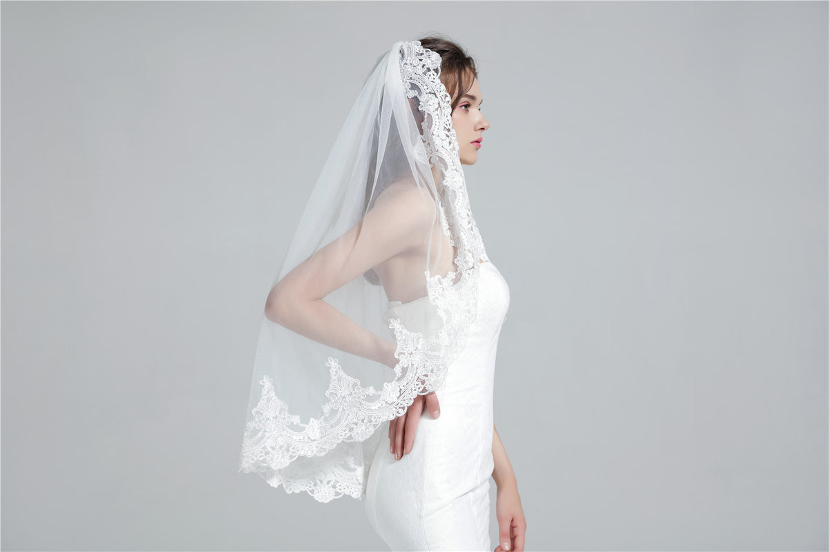 Velo da sposa con pettine 1 strato bordo in pizzo applicato lunghezza fino alle dita 36"-V65-Fatto su misura