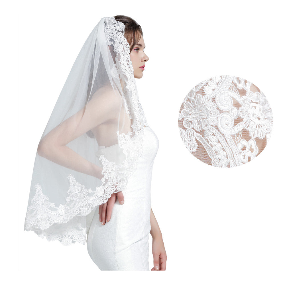 Velo da sposa con pettine 1 strato bordo in pizzo applicato lunghezza fino alle dita 36"-V65-Fatto su misura