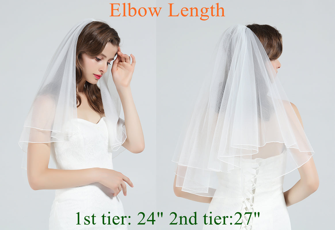 Wedding Bridal Veil with Comb 2 Tier Cut Edge Elbow Fingertip Length Ivory White-V38