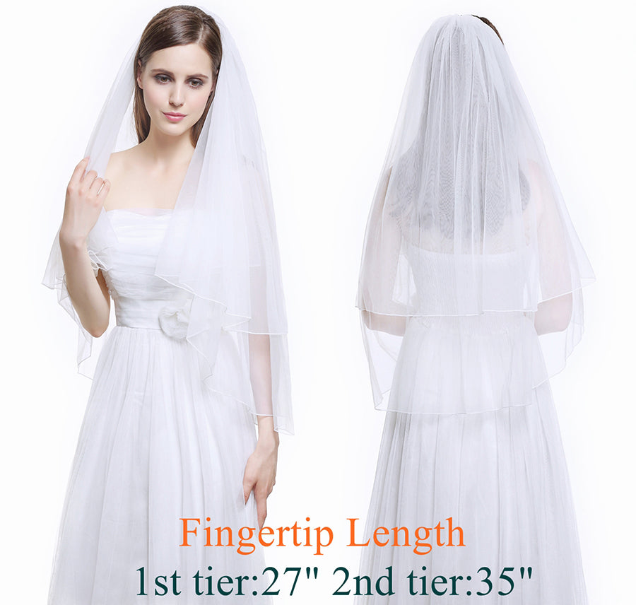 Wedding Bridal Veil with Comb 2 Tier Cut Edge Elbow Fingertip Length Ivory White-V38