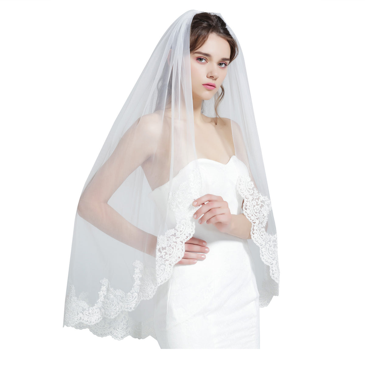 Copy of Wedding Bridal Veil with Comb 1 Tier Lace Applique Edge Ivory Fingertip Length-LACE