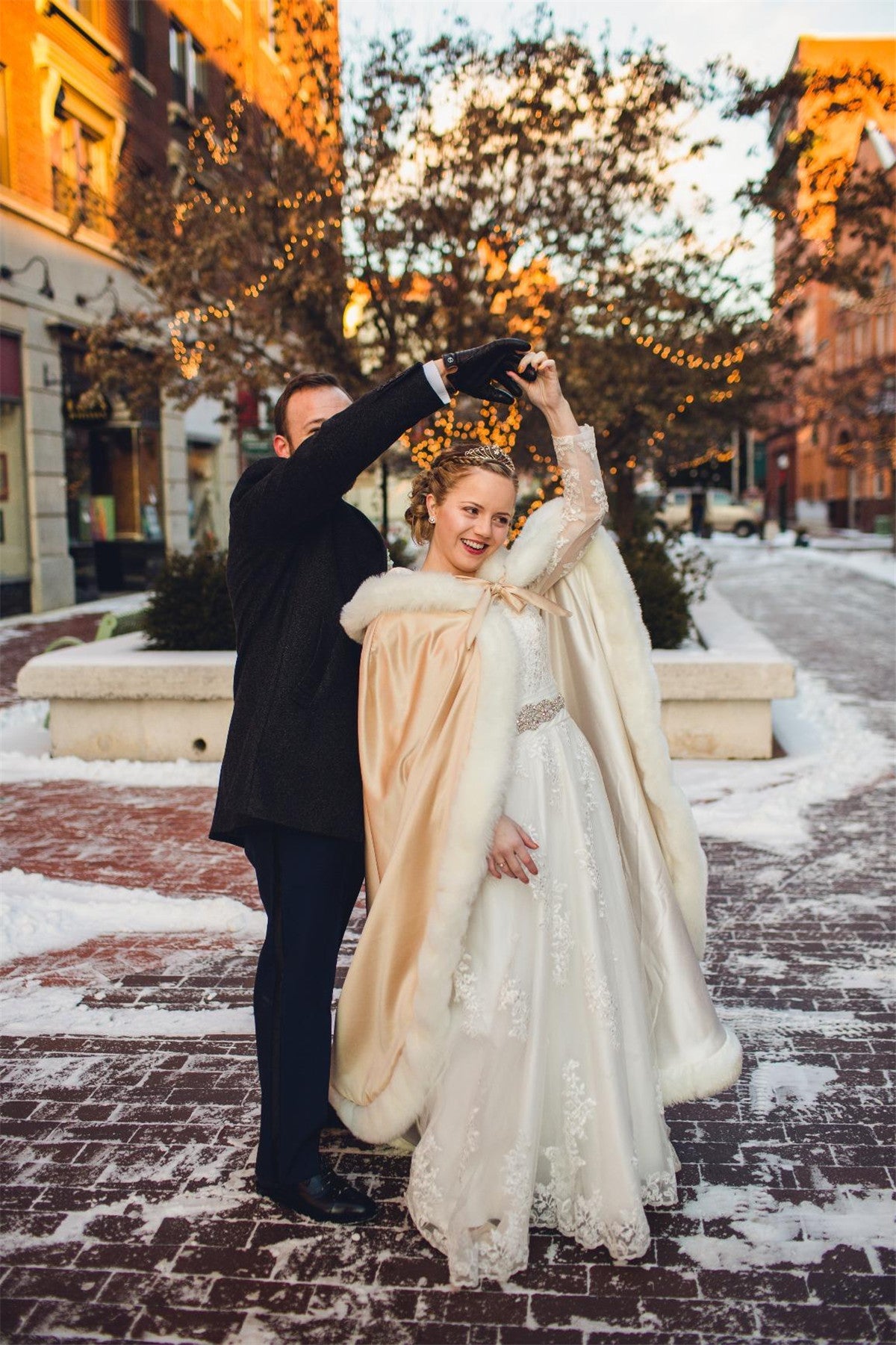 Reversible wedding cape with fur trim and hood customers wearing effect