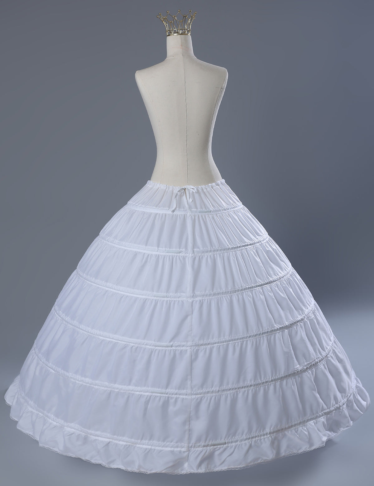 White 6-hoop A-line crinoline petticoat front view showing full dome shape for wedding dresses