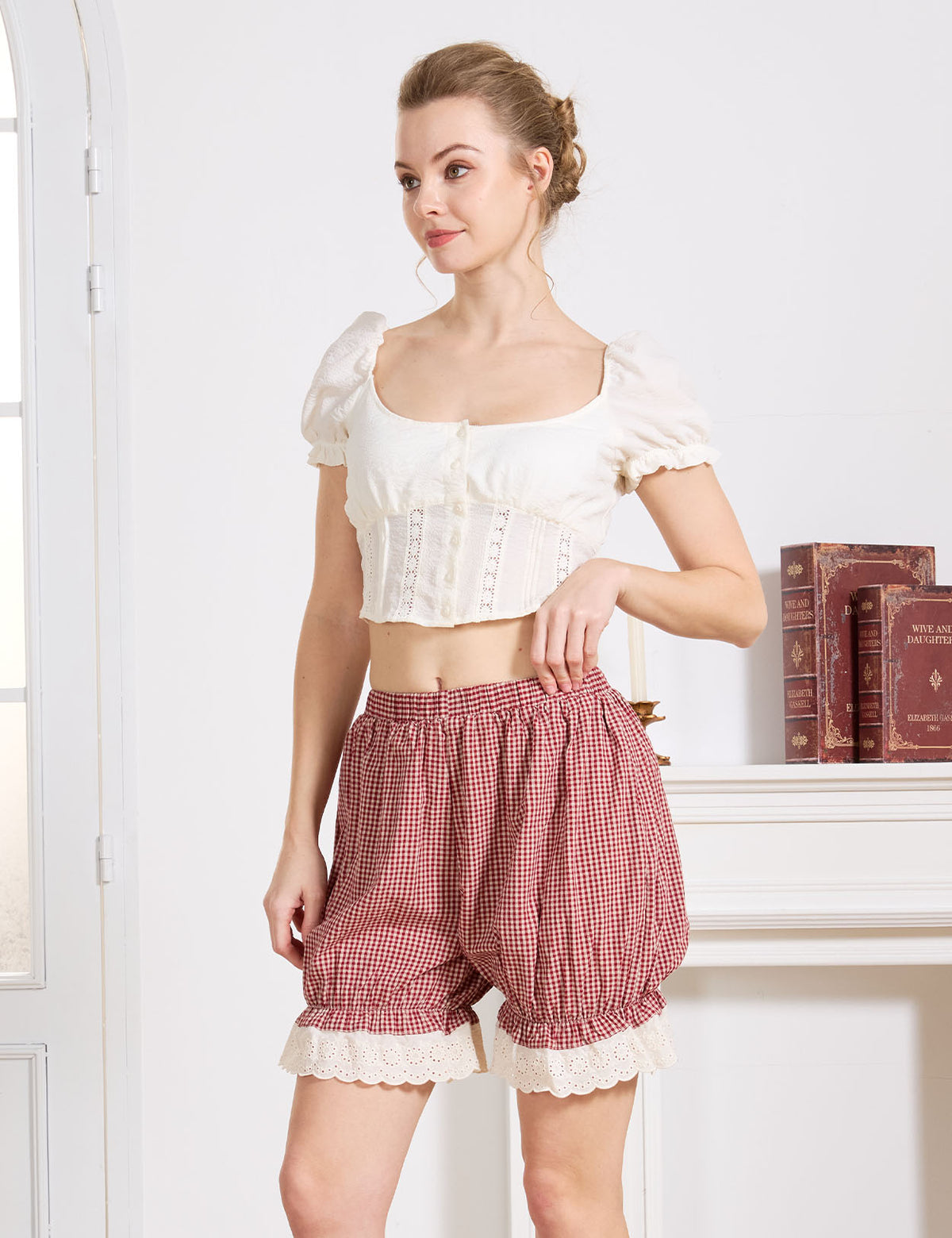 Beautelicate Vintage Red Gingham 100% cotton bloomers with wide elastic waistband, front view, worn with ivory crop top