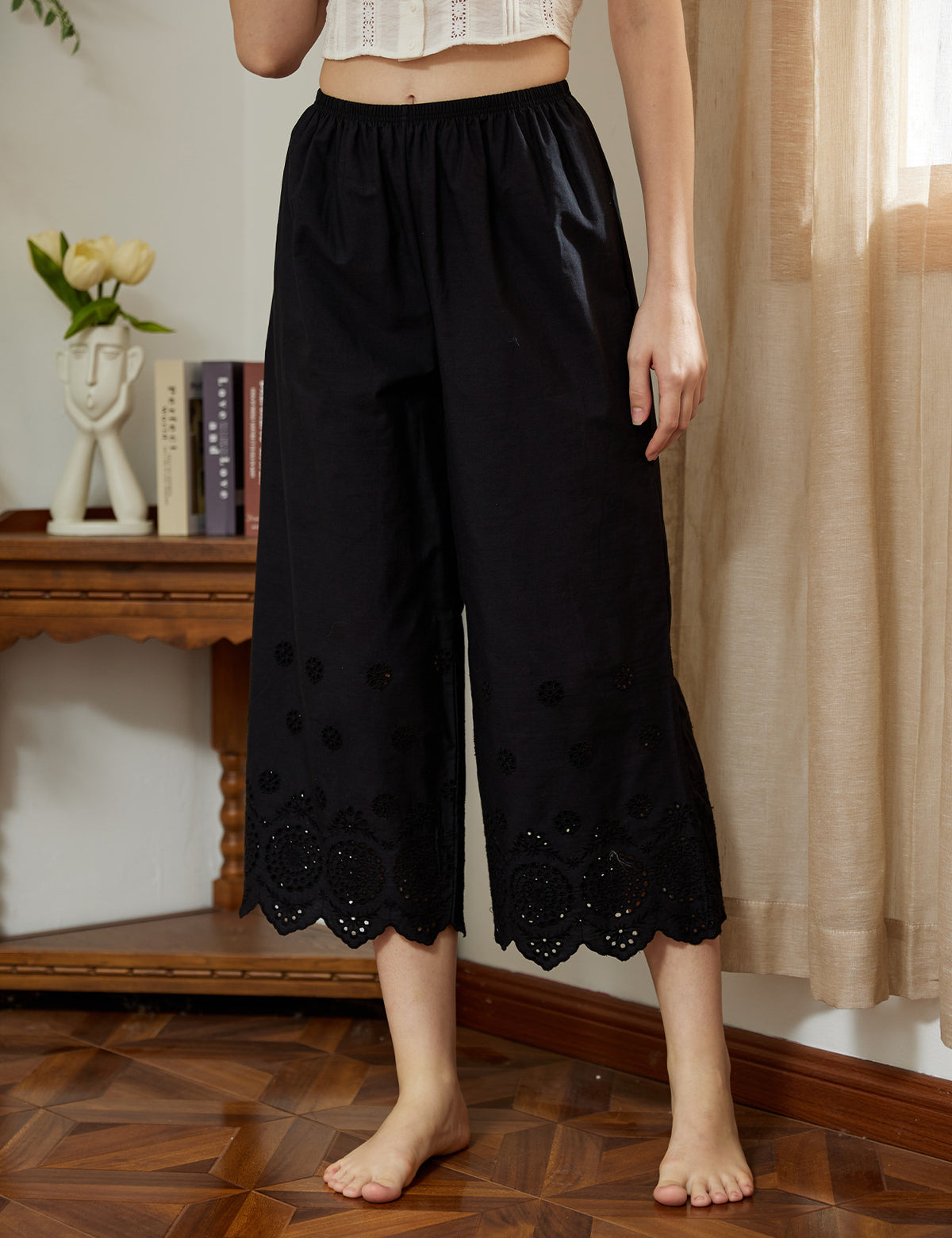 Vintage cotton cropped sleep shorts pettipants with delicate lace edge trim in black color