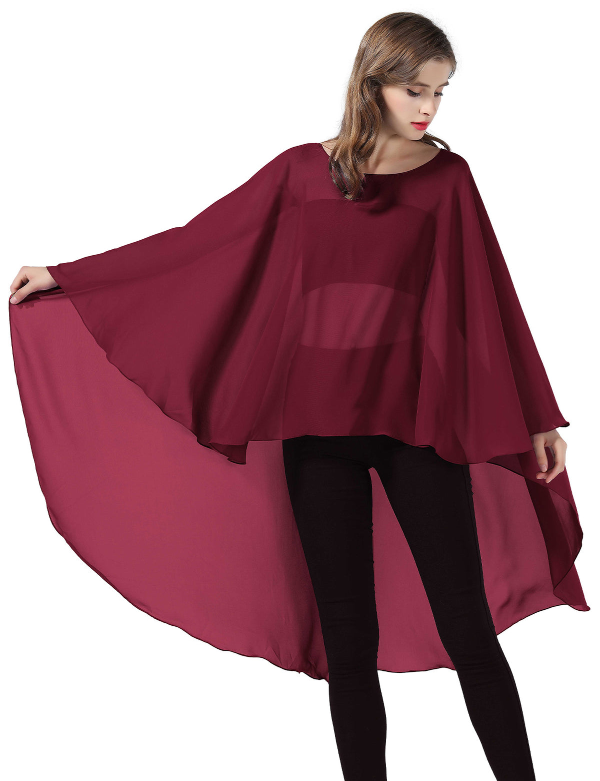 chiffon high-low bridal cape shawl showing elegant draping and flowing design