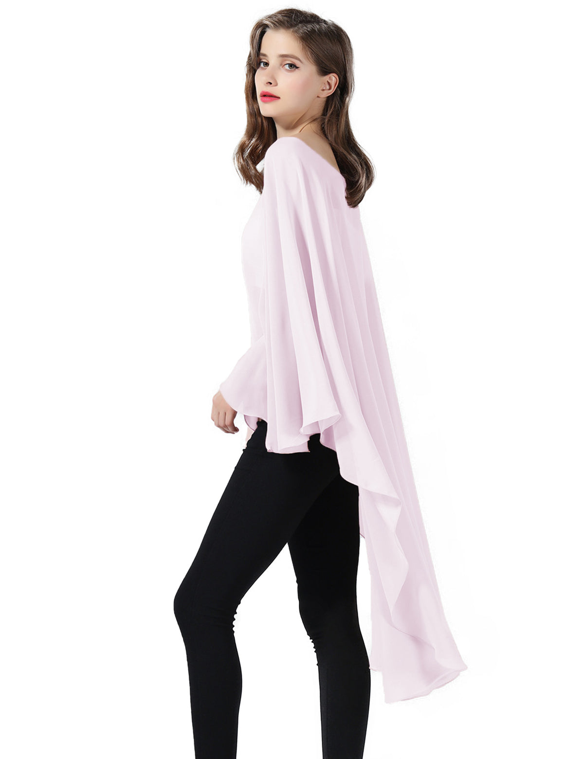 chiffon high-low bridal cape shawl showing elegant draping and flowing design