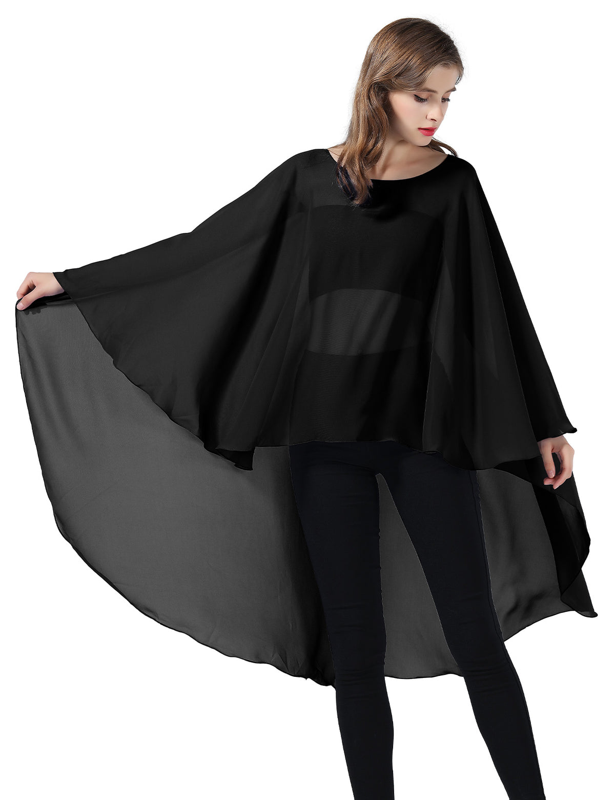 chiffon high-low bridal cape shawl showing elegant draping and flowing design