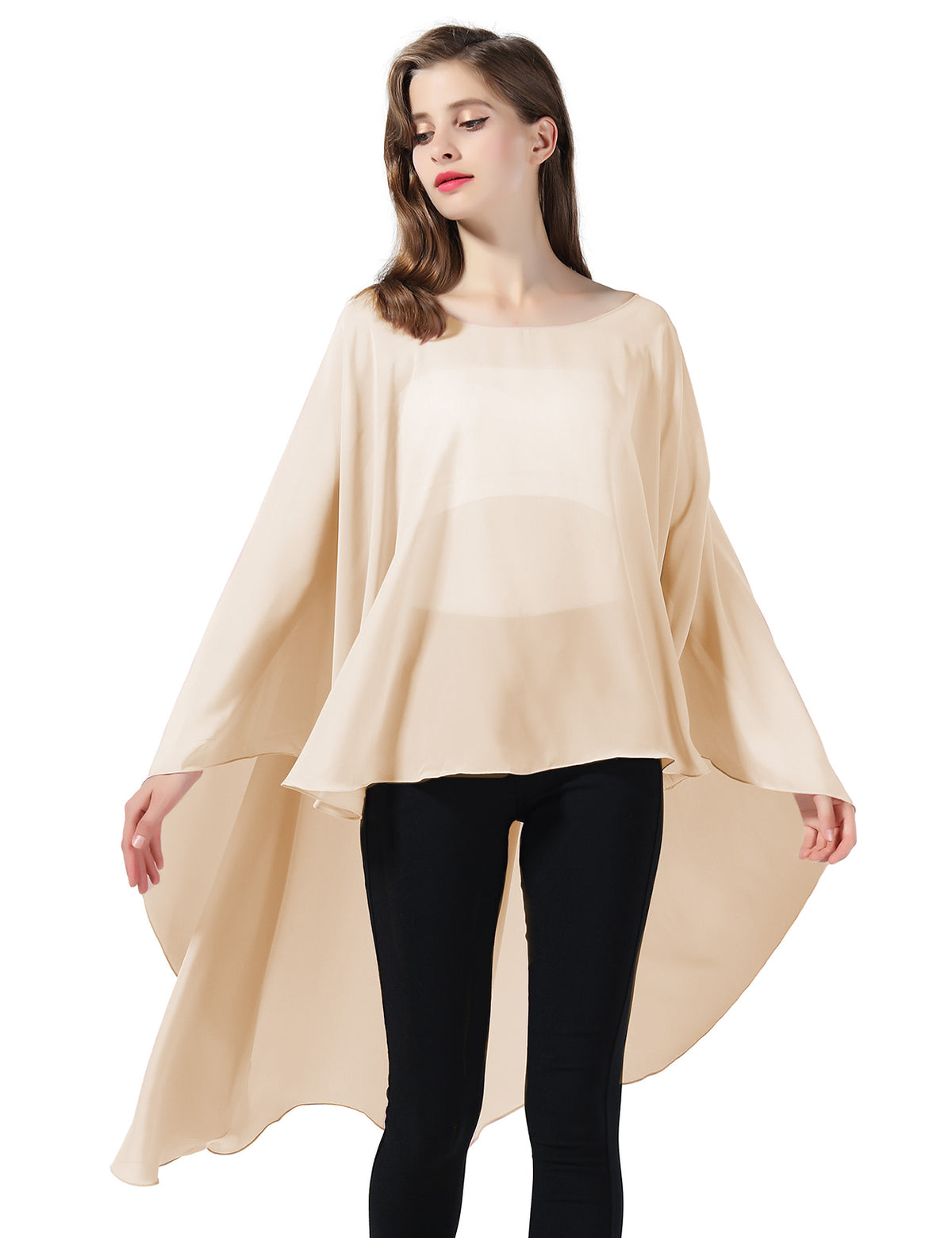 chiffon high-low bridal cape shawl showing elegant draping and flowing design
