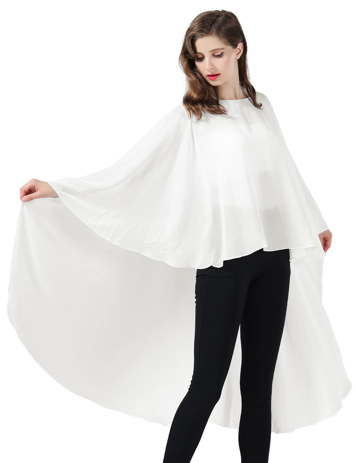 chiffon high-low bridal cape shawl showing elegant draping and flowing design