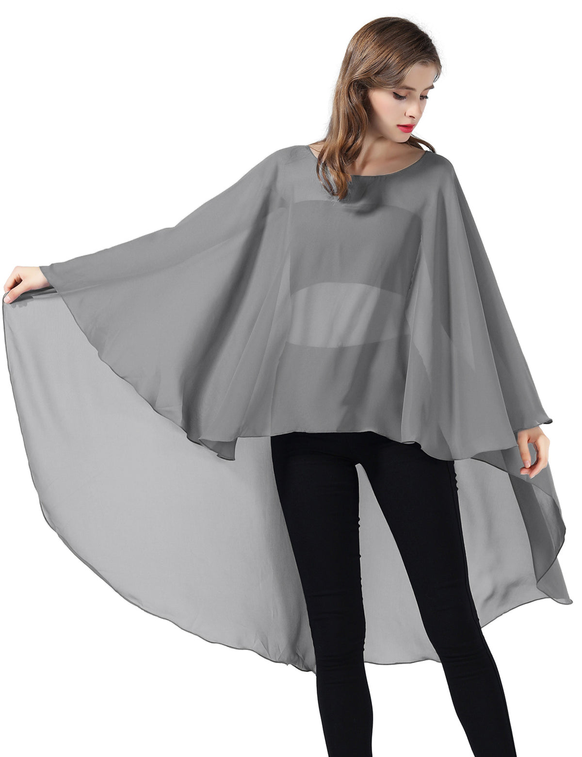 chiffon high-low bridal cape shawl showing elegant draping and flowing design