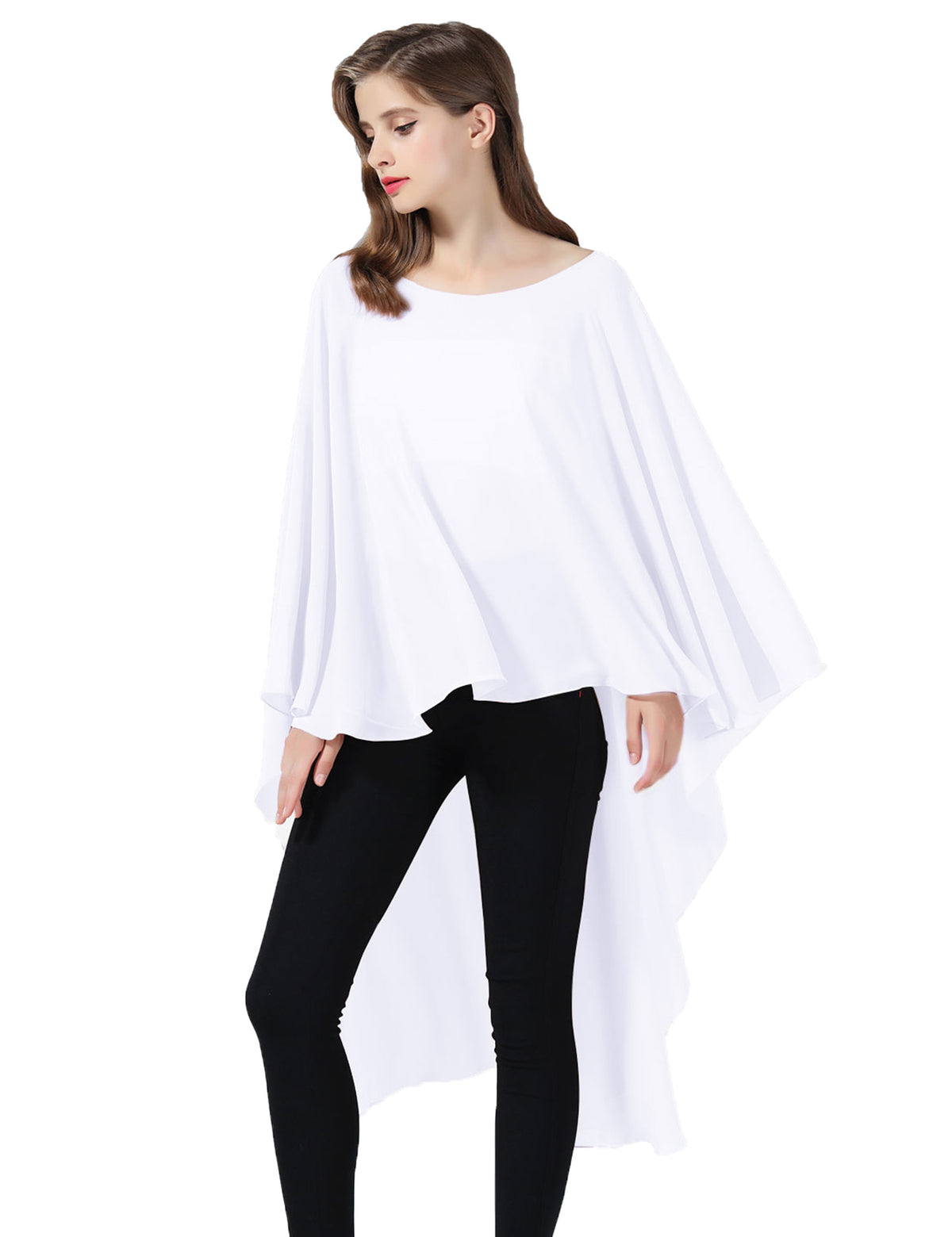 chiffon high-low bridal cape shawl showing elegant draping and flowing design