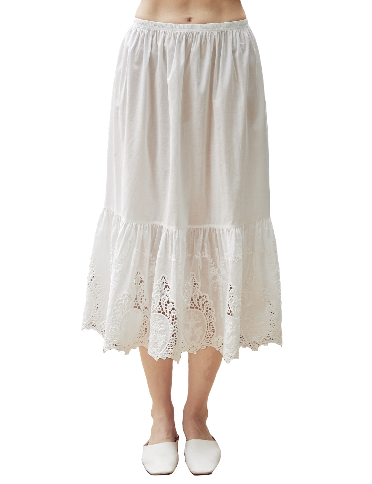 Ivory cotton slip with raised patterns and lace cutouts - front view