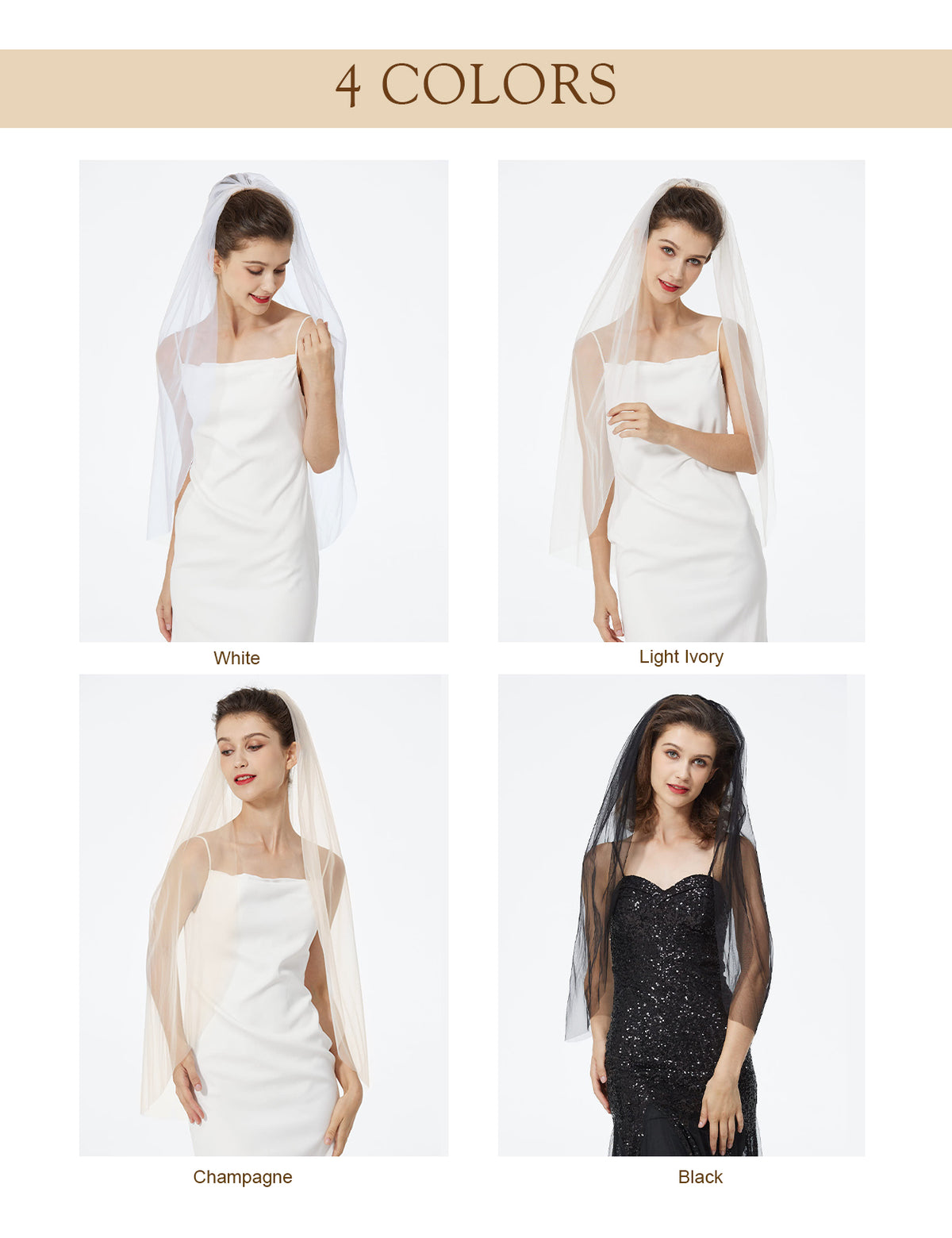 Bridal veil available in multiple colors: white, ivory, champagne, and black options