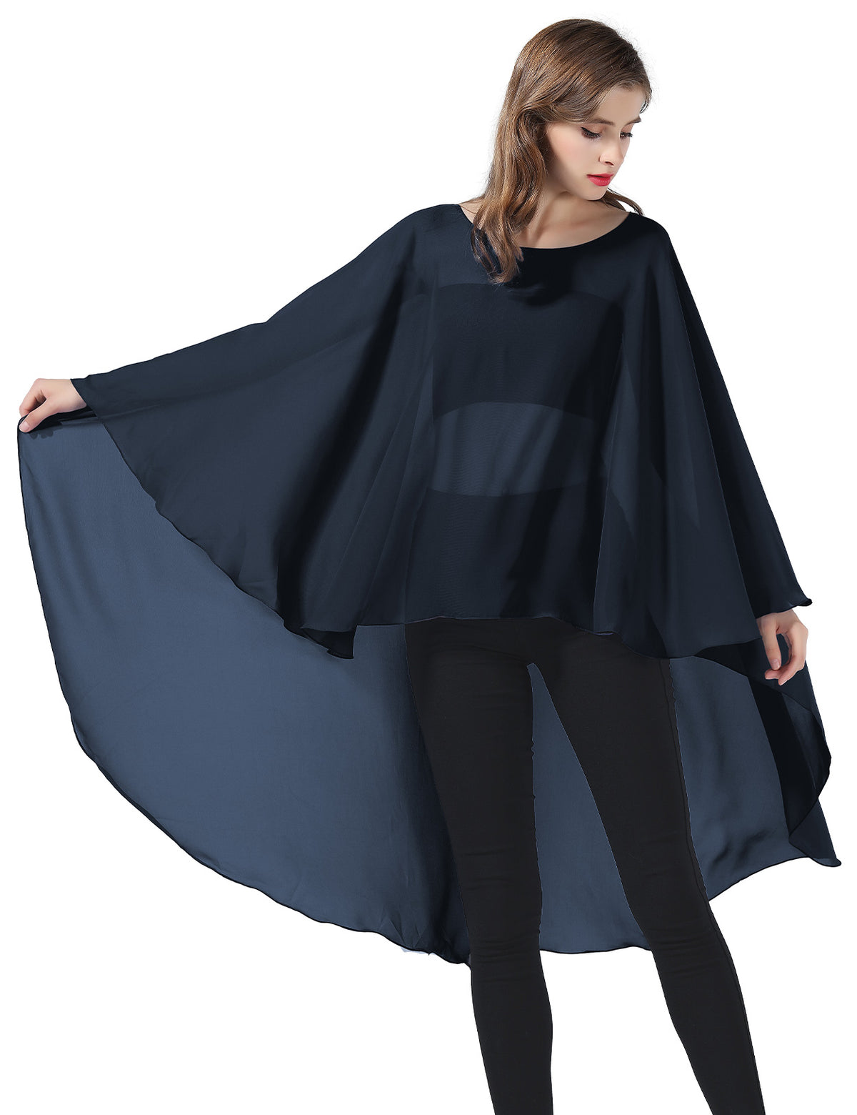 chiffon high-low bridal cape shawl showing elegant draping and flowing design