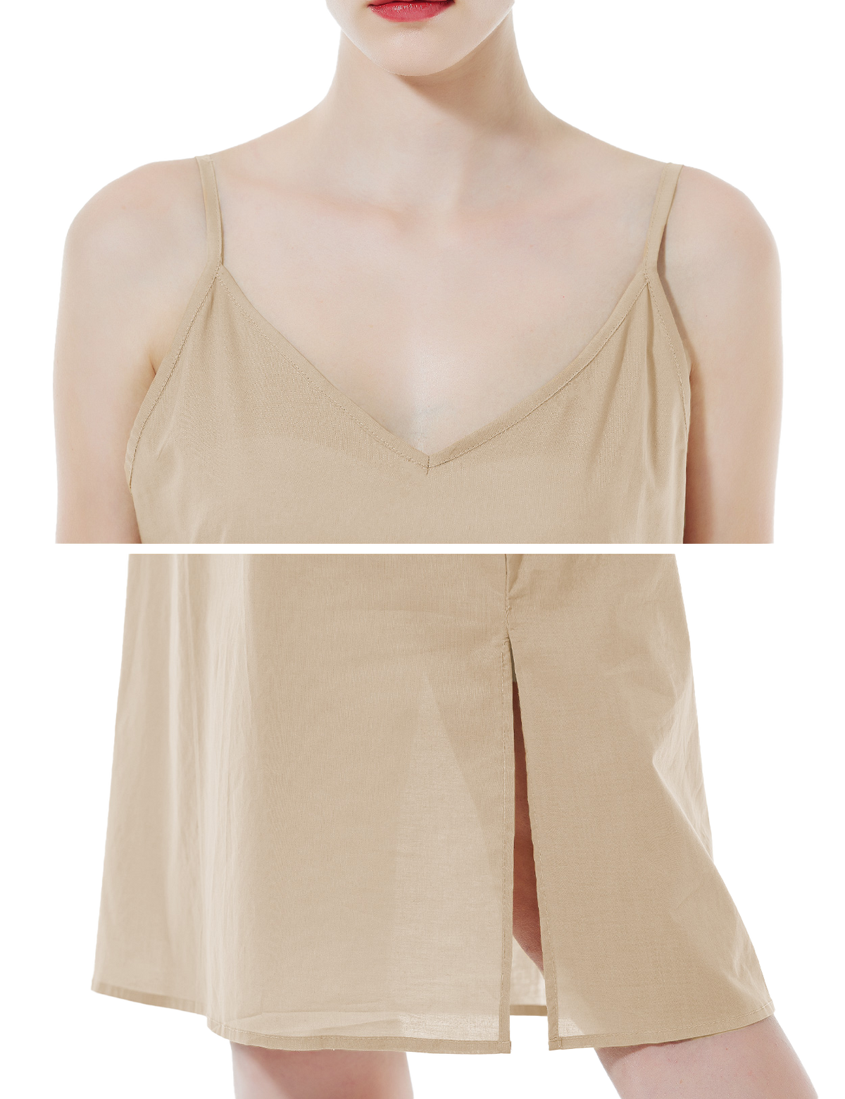 Women's long cotton slip in nude - detail view showing knee-length design with adjustable straps