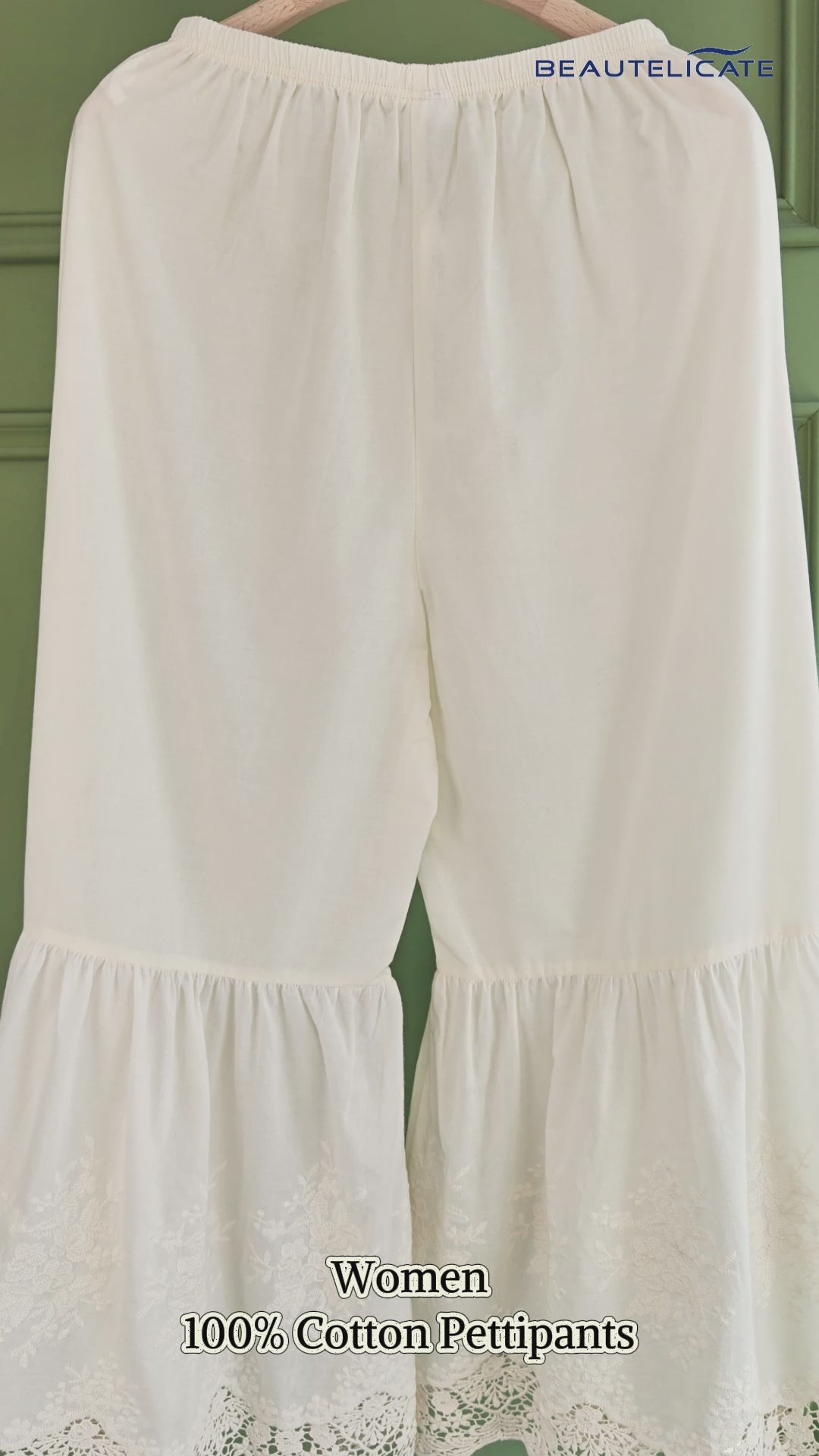 Vintage cotton lace pettipants for women with elastic waist and decorative lace hem