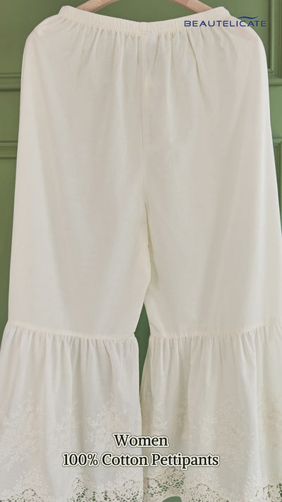 Vintage cotton lace pettipants for women with elastic waist and decorative lace hem