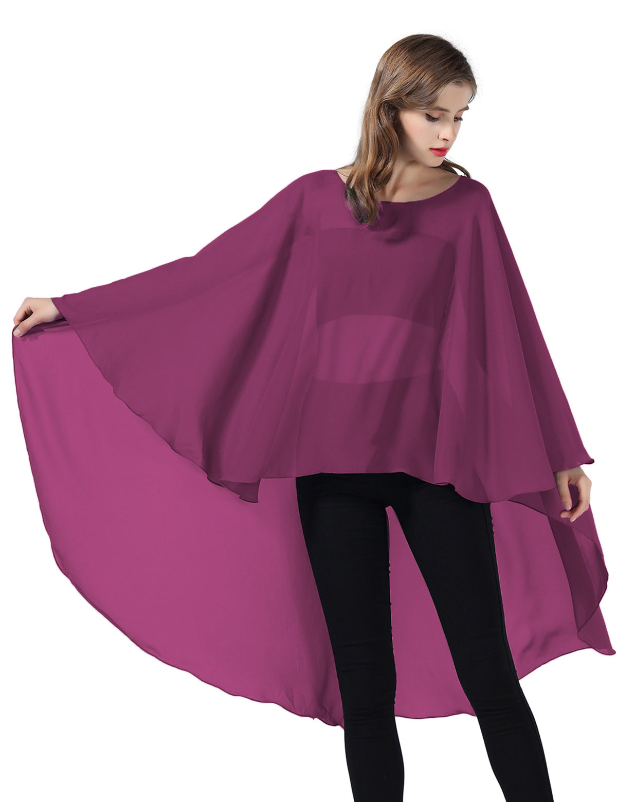 chiffon high-low bridal cape shawl showing elegant draping and flowing design