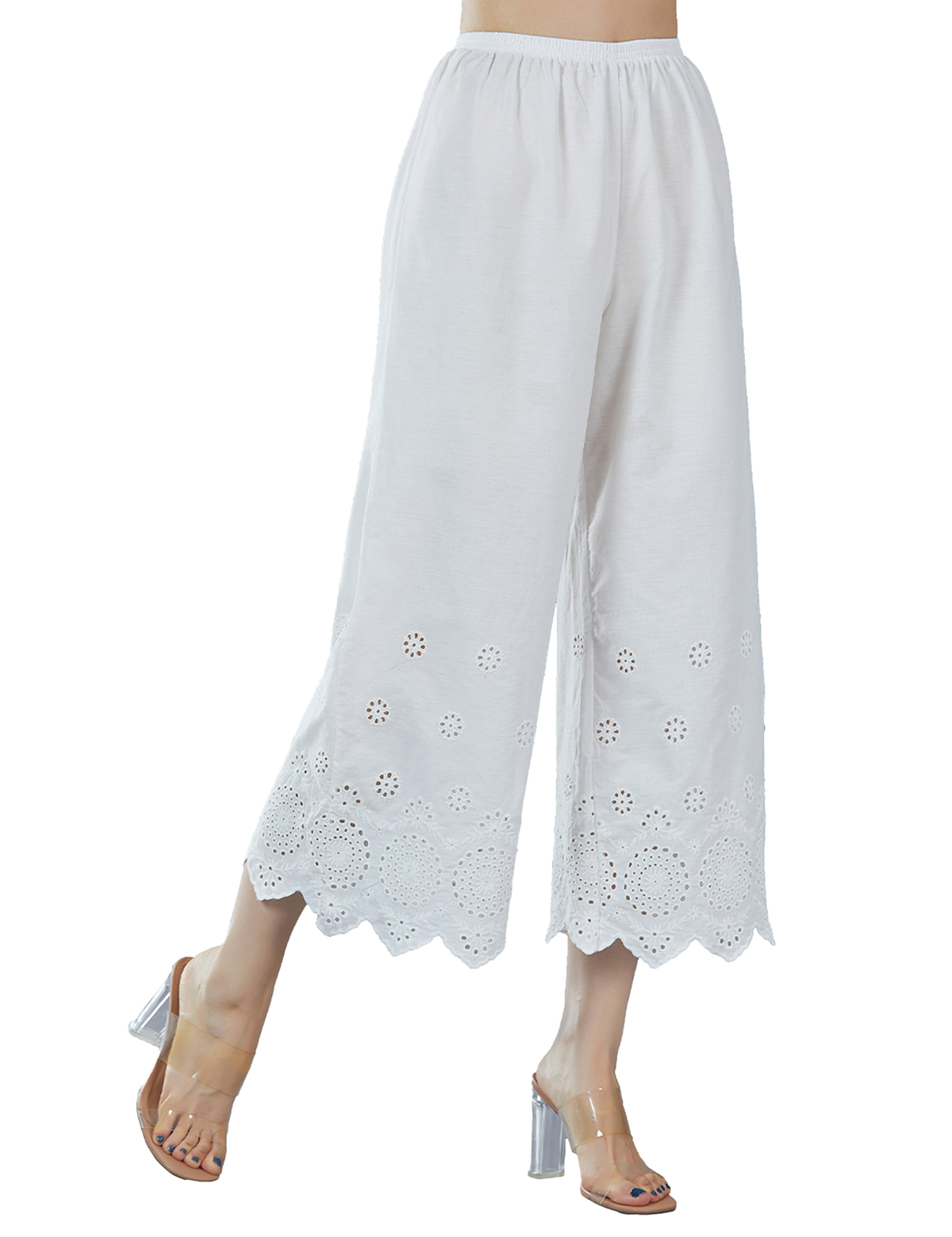 Vintage cotton cropped sleep shorts pettipants with delicate lace edge trim in natural white color