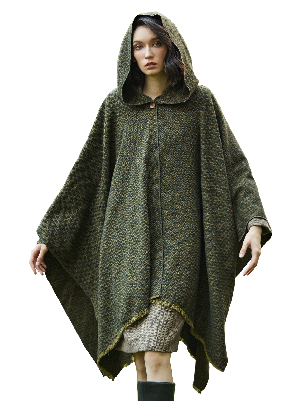 Women's vintage hooded wool poncho cloak