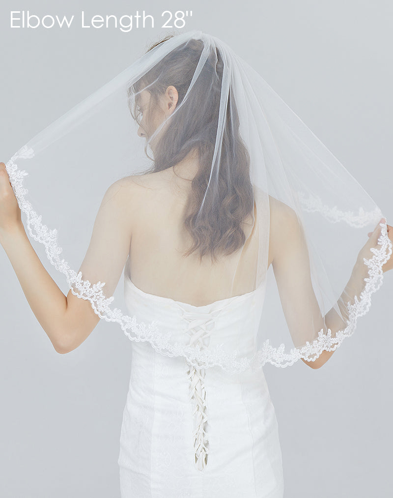 Wedding Bridal Veil with Comb 1 Tier Lace Applique Edge Fingertip Length 36"-V71