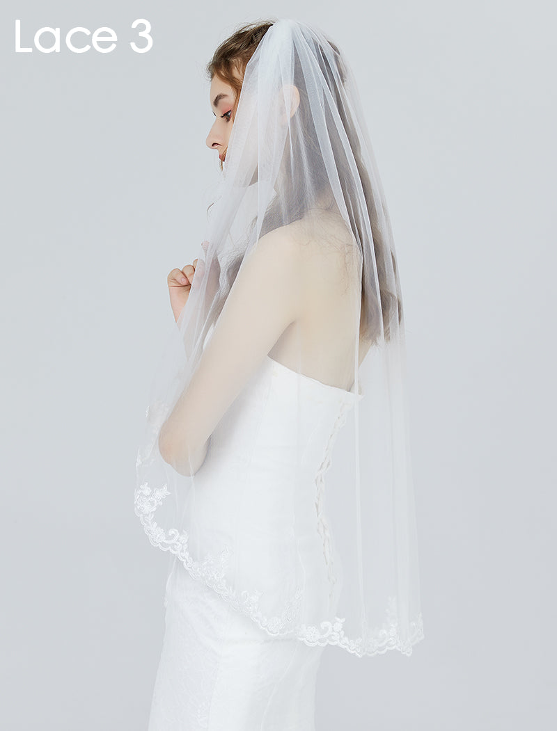 Wedding Bridal Veil with Comb 1 Tier Lace Applique Edge Fingertip Length 41"-V84