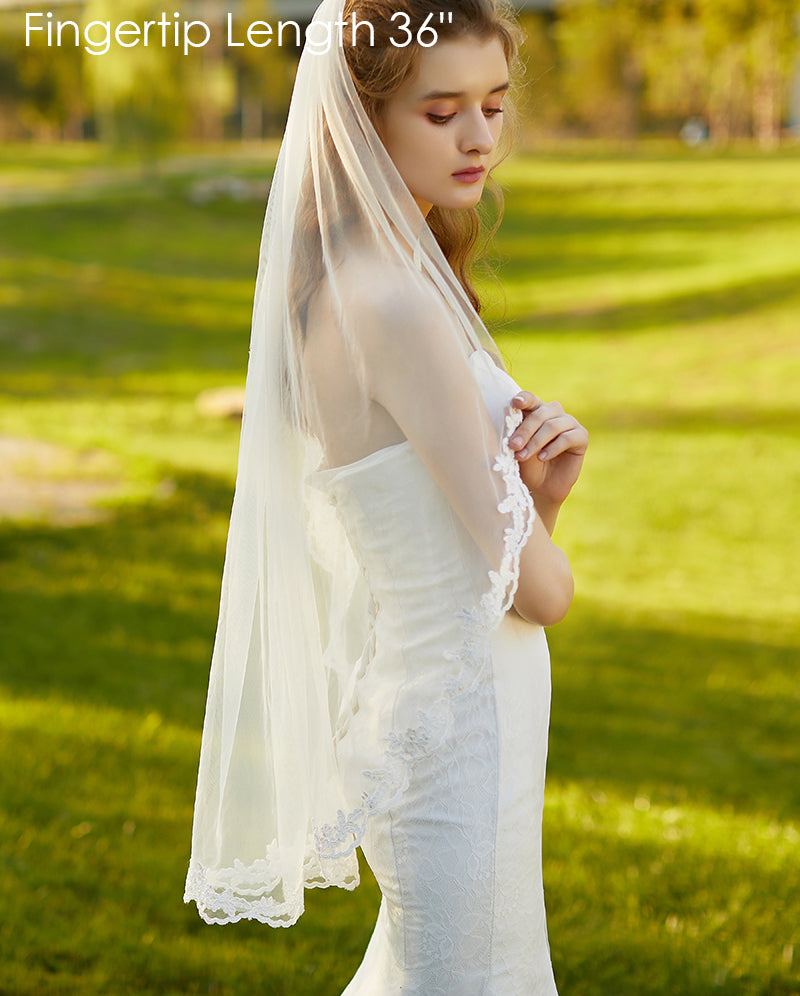 Wedding Bridal Veil with Comb 1 Tier Lace Applique Edge Fingertip Length 36"-V71