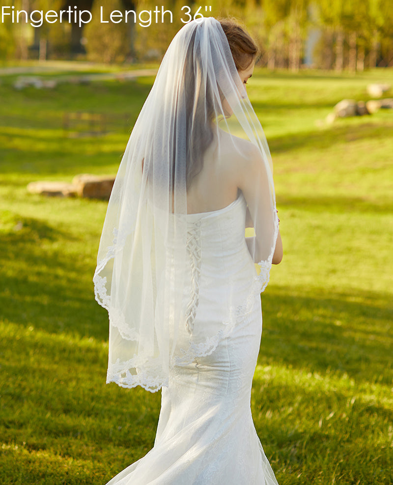 Wedding Bridal Veil with Comb 1 Tier Lace Applique Edge Fingertip Length 36"-V71