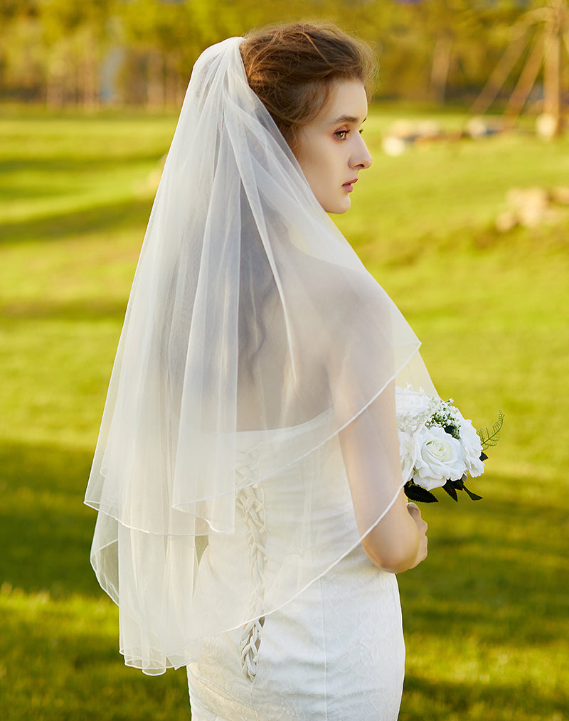 Wedding Bridal Veil with Comb 2 Tier Cut Edge Elbow Fingertip Length Ivory White-V38