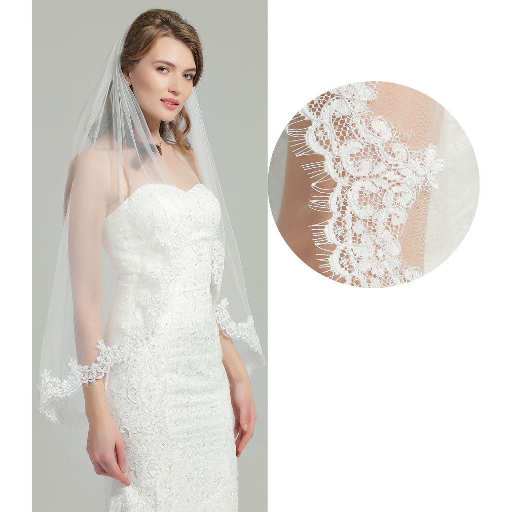 Voile de Mariée avec Peigne 1 Niveau Bord en Dentelle de Cils Appliqué Longueur au Doigt 37" Blanc Ivoire-V80
