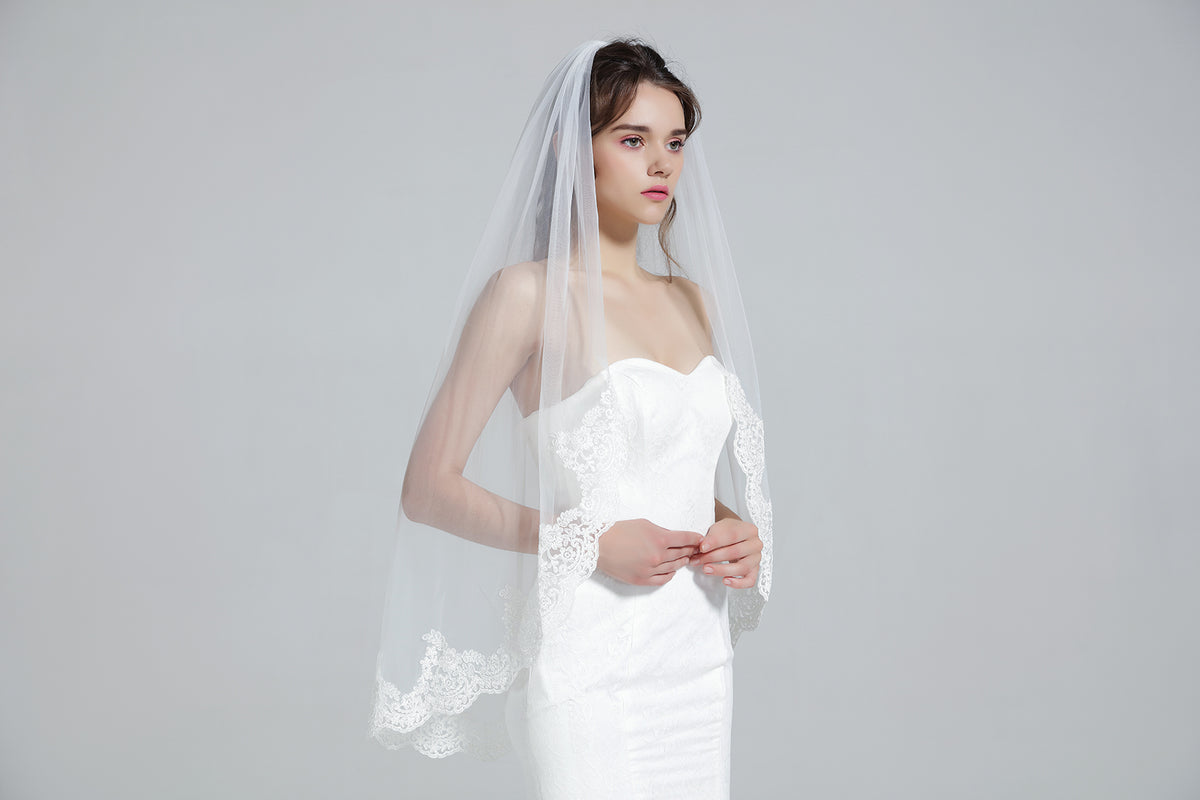 Copy of Wedding Bridal Veil with Comb 1 Tier Lace Applique Edge Ivory Fingertip Length-LACE