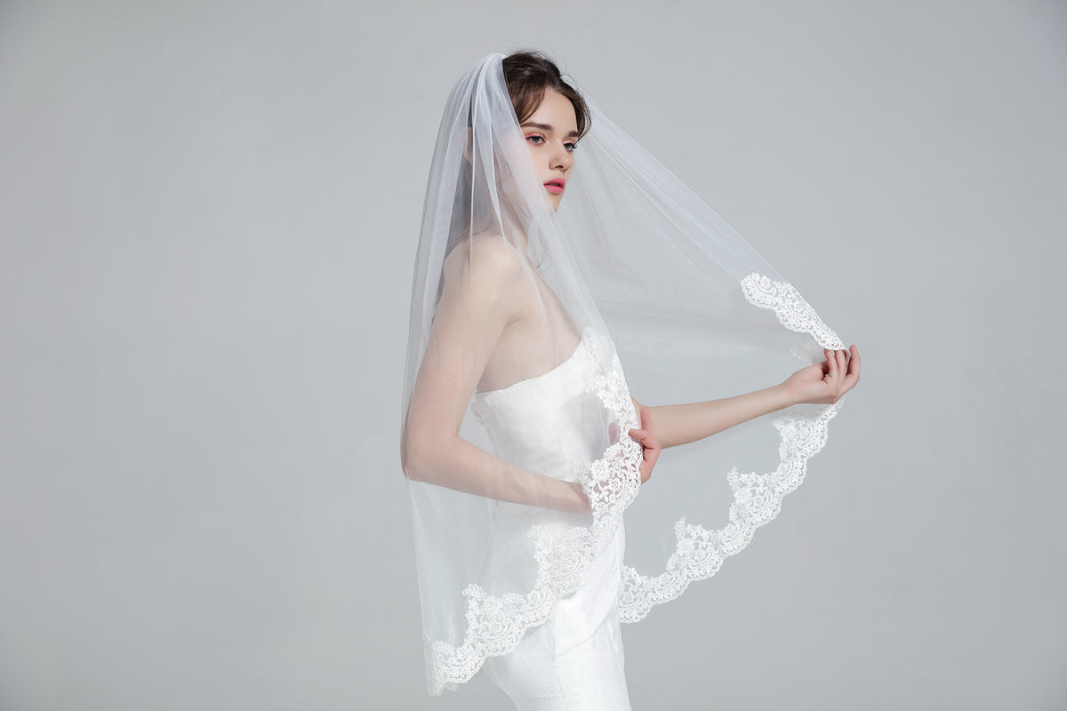 Copy of Wedding Bridal Veil with Comb 1 Tier Lace Applique Edge Ivory Fingertip Length-LACE