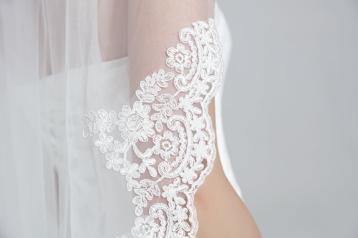 Copy of Wedding Bridal Veil with Comb 1 Tier Lace Applique Edge Ivory Fingertip Length-LACE