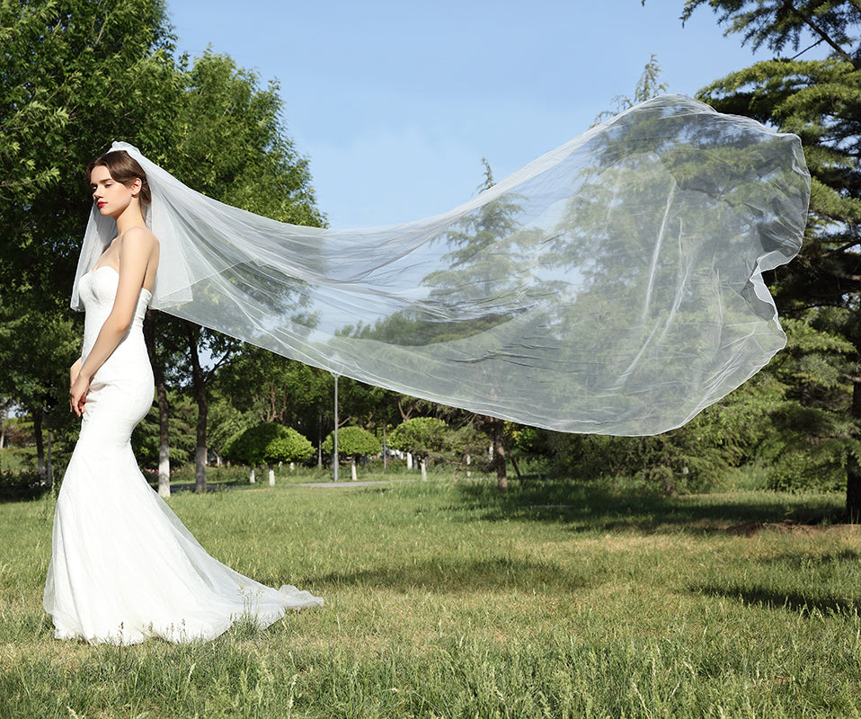 Voile de Mariée avec Peigne 2 Niveaux Bord Crayon Longueur Cathédrale 118" Blanc Ivoire-V45